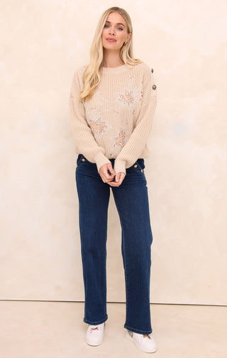 Cream Star Embellished Button Detail Crew Neck Long Sleeve Jumper - Delilah