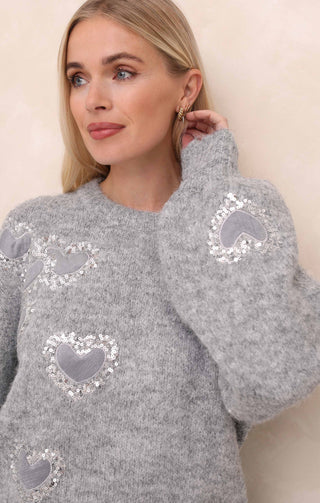 Dove Grey Heart Embellished Button Detail Crew Neck Long Sleeve Fluffy Jumper - Madalyn