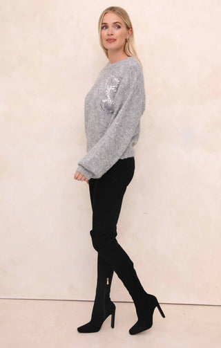 Dove Grey Heart Embellished Button Detail Crew Neck Long Sleeve Fluffy Jumper - Madalyn
