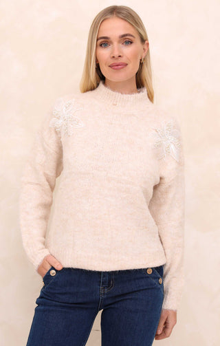 Buttermilk Luxury Fluffy Knit Flower &amp; Pearl Appliqué Jumper - Kinsley