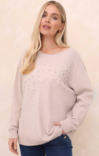 Dove Grey Appliqué Detail Long Sleeve Crew Neck Jumper - Ruby