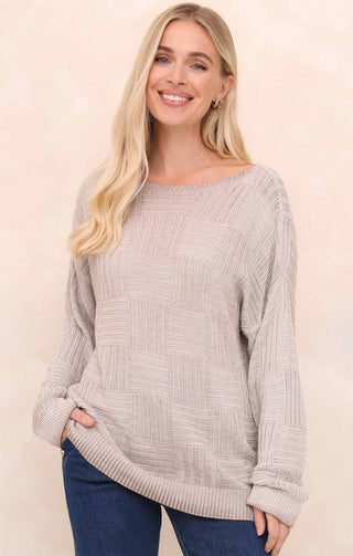 Cream Acid Wash Checkerboard Knit Slash Neck Long Sleeve Jumper - Sophie