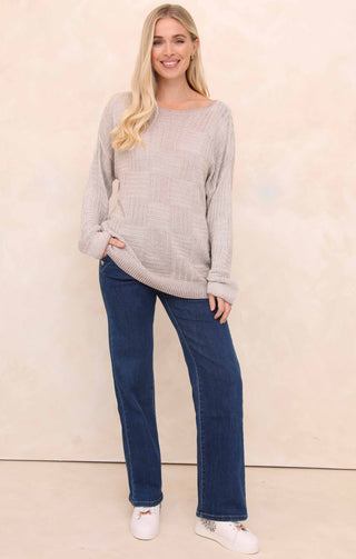 Cream Acid Wash Checkerboard Knit Slash Neck Long Sleeve Jumper - Sophie