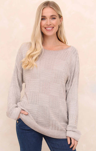 Cream Acid Wash Checkerboard Knit Slash Neck Long Sleeve Jumper - Sophie