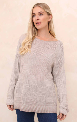 Cream Acid Wash Checkerboard Knit Slash Neck Long Sleeve Jumper - Sophie