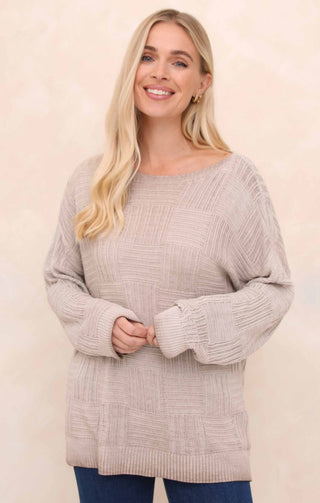 Cream Acid Wash Checkerboard Knit Slash Neck Long Sleeve Jumper - Sophie