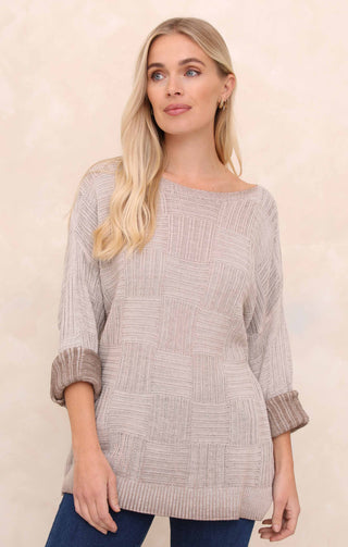 Cream Acid Wash Checkerboard Knit Slash Neck Long Sleeve Jumper - Sophie
