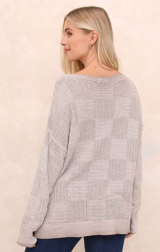 Cream Acid Wash Checkerboard Knit Slash Neck Long Sleeve Jumper - Sophie
