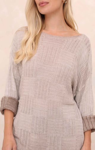 Cream Acid Wash Checkerboard Knit Slash Neck Long Sleeve Jumper - Sophie