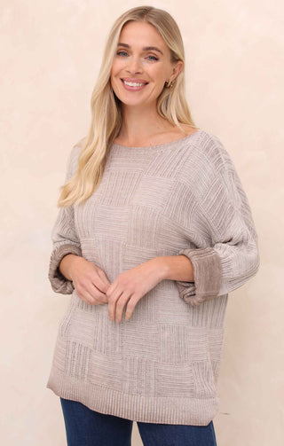 Cream Acid Wash Checkerboard Knit Slash Neck Long Sleeve Jumper - Sophie