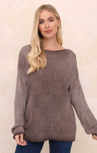 Mocha Acid Wash Slash Neck Long Sleeve Jumper - Sophie