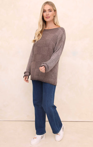 Mocha Acid Wash Checkerboard Knit Slash Neck Long Sleeve Jumper - Sophie