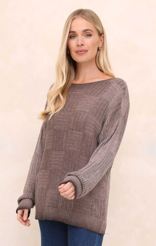 Mocha Acid Wash Slash Neck Long Sleeve Jumper - Sophie