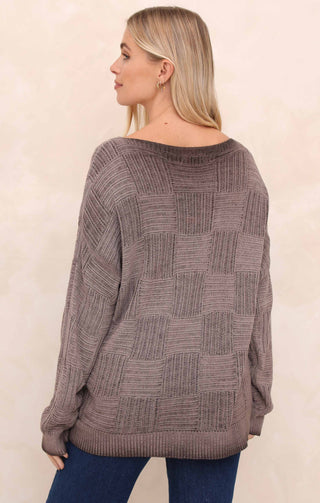 Mocha Acid Wash Slash Neck Long Sleeve Jumper - Sophie