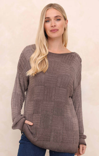 Mocha Acid Wash Slash Neck Long Sleeve Jumper - Sophie