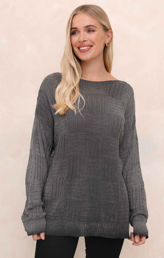 Charcoal Acid Wash Checkerboard Knit Slash Neck Long Sleeve Jumper - Sophie