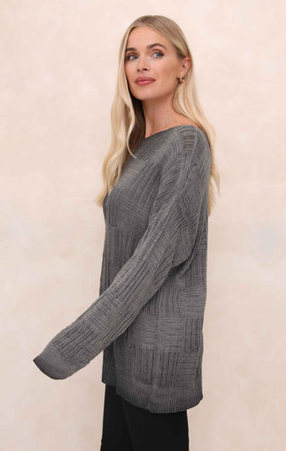 Charcoal Acid Wash Checkerboard Knit Slash Neck Long Sleeve Jumper - Sophie