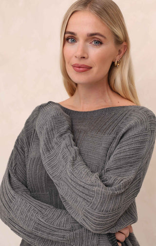 Charcoal Acid Wash Checkerboard Knit Slash Neck Long Sleeve Jumper - Sophie