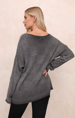 Charcoal Acid Wash Checkerboard Knit Slash Neck Long Sleeve Jumper - Sophie