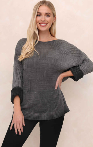 Charcoal Acid Wash Checkerboard Knit Slash Neck Long Sleeve Jumper - Sophie