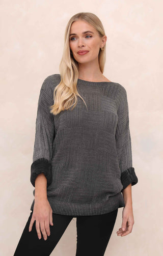 Charcoal Acid Wash Checkerboard Knit Slash Neck Long Sleeve Jumper - Sophie