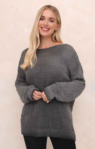 Charcoal Acid Wash Checkerboard Knit Slash Neck Long Sleeve Jumper - Sophie