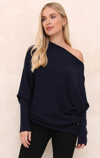Navy Off the Shoulder Long Sleeve Luxury Knit Jumper - Alice