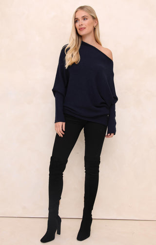 Navy Off the Shoulder Long Sleeve Luxury Knit Jumper - Alice