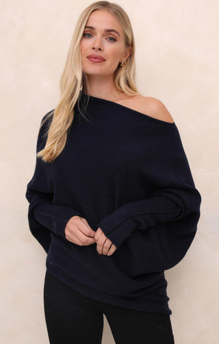 Navy Off the Shoulder Long Sleeve Luxury Knit Jumper - Alice