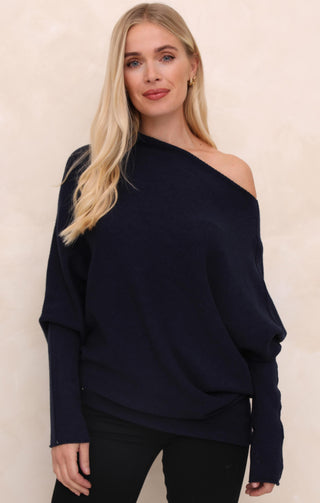 Navy Off the Shoulder Long Sleeve Luxury Knit Jumper - Alice