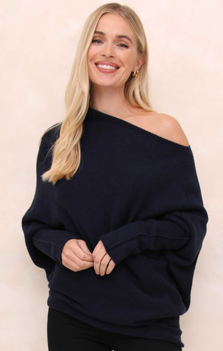 Navy Off the Shoulder Long Sleeve Luxury Knit Jumper - Alice