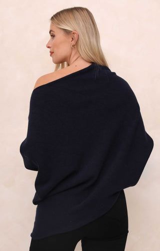 Navy Off the Shoulder Long Sleeve Luxury Knit Jumper - Alice