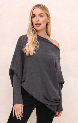 Grey Off the Shoulder Long Sleeve Luxury Knit Jumper - Alice