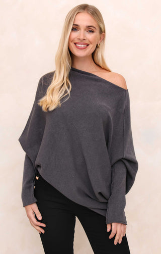 Grey Off the Shoulder Long Sleeve Luxury Knit Jumper - Alice