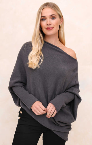 Grey Off the Shoulder Long Sleeve Luxury Knit Jumper - Alice
