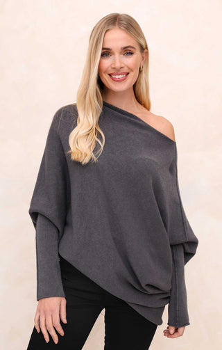 Grey Off the Shoulder Long Sleeve Luxury Knit Jumper - Alice