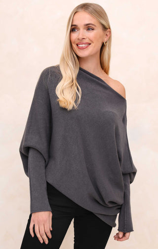 Grey Off the Shoulder Long Sleeve Luxury Knit Jumper - Alice