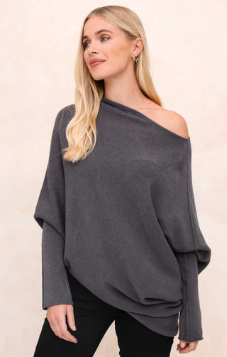 Grey Off the Shoulder Long Sleeve Luxury Knit Jumper - Alice