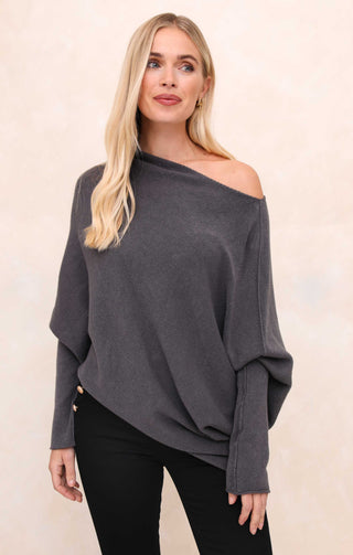 Grey Off the Shoulder Long Sleeve Luxury Knit Jumper - Alice