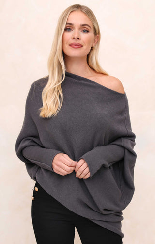 Grey Off the Shoulder Long Sleeve Luxury Knit Jumper - Alice