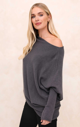 Grey Off the Shoulder Long Sleeve Luxury Knit Jumper - Alice