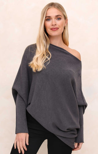 Grey Off the Shoulder Long Sleeve Luxury Knit Jumper - Alice