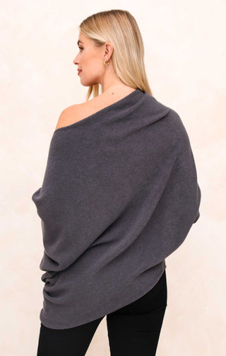 Grey Off the Shoulder Long Sleeve Luxury Knit Jumper - Alice