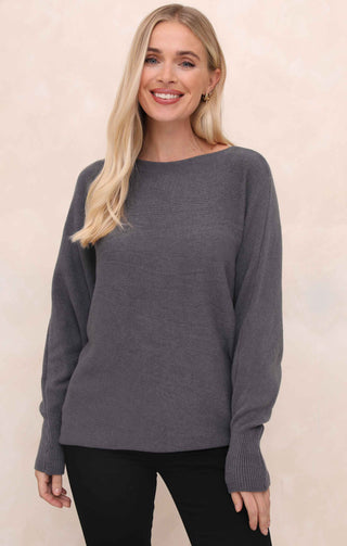 Slate Slash Neck Relaxed Fit Luxury Knit Long Sleeve Jumper - Audrey
