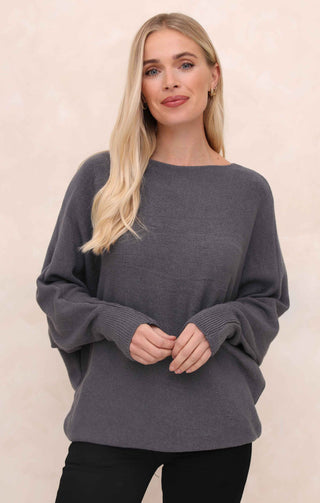 Slate Slash Neck Relaxed Fit Luxury Knit Long Sleeve Jumper - Audrey