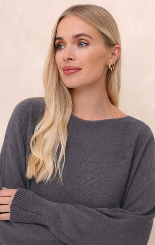 Slate Slash Neck Relaxed Fit Luxury Knit Long Sleeve Jumper - Audrey