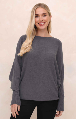 Slate Slash Neck Relaxed Fit Luxury Knit Long Sleeve Jumper - Audrey