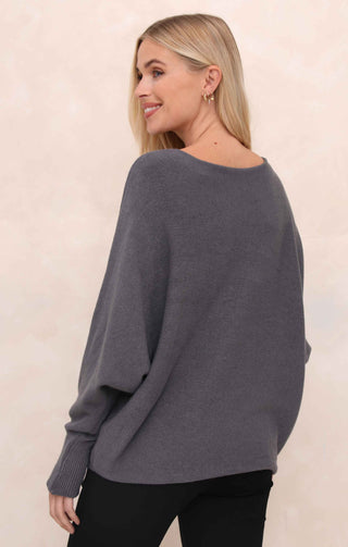 Slate Slash Neck Relaxed Fit Luxury Knit Long Sleeve Jumper - Audrey