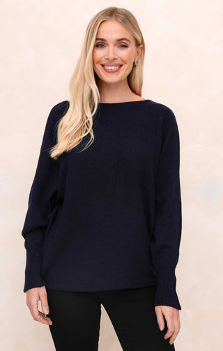 Navy Slash Neck Relaxed Fit Luxury Knit Long Sleeve Jumper - Audrey