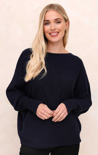 Navy Slash Neck Relaxed Fit Luxury Knit Long Sleeve Jumper - Audrey